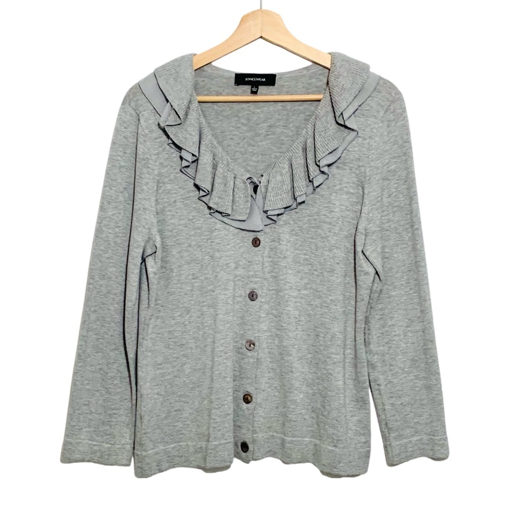 Jones Wear Gray Ruffled Collar Button Up Cardigan Size Large